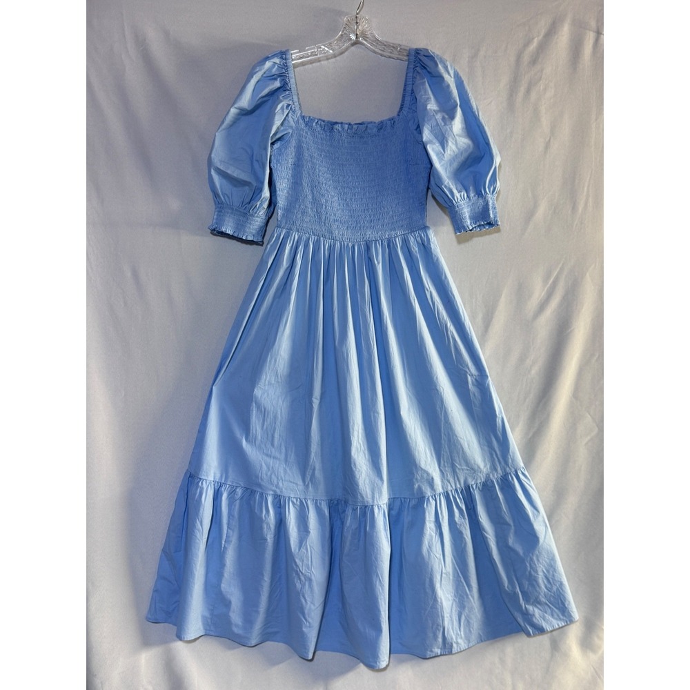 INC Midi Dress Women Medium Blue Smocked Puff Sleeve Tiered Cottagecore Boho NWT